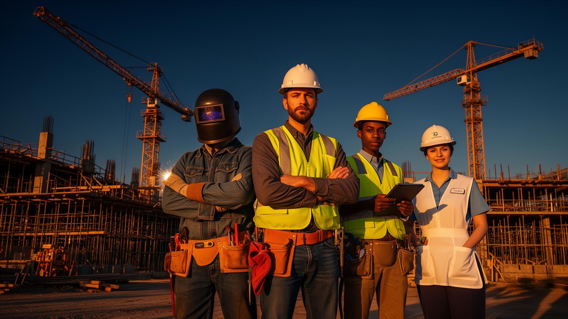 American industrial workers on a construction site at golden hour